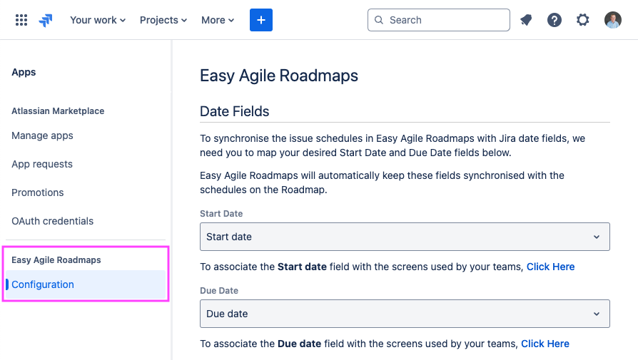 The Easy Agile Roadmaps Configuration page open in Jira Cloud's global Apps settings, with the Configuration link to this page highlighted in the left sidebar