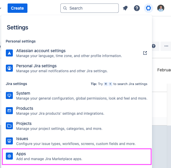 The Jira cloud global settings menu opened from the gear button in the top right, with the Apps item in the dropdown highlighted