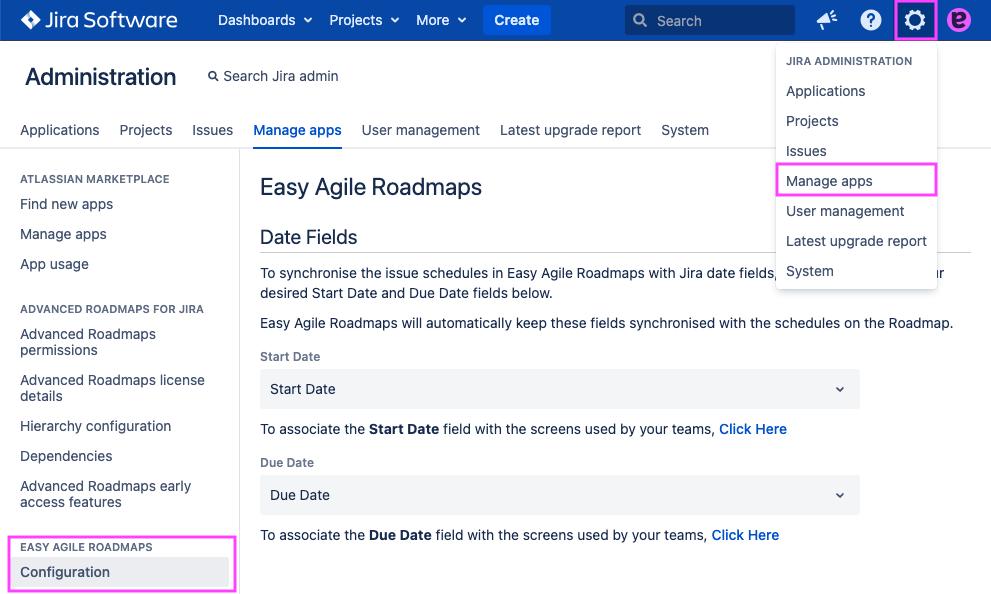 Jira Data Center Administration page open to Manage apps tab and Easy Agile Roadmaps Configuration page open and highlighted in the left navigation panel. The global settings dropdown in the top right has been opened from the gear dropdown, with the Manage apps option highlighted. 