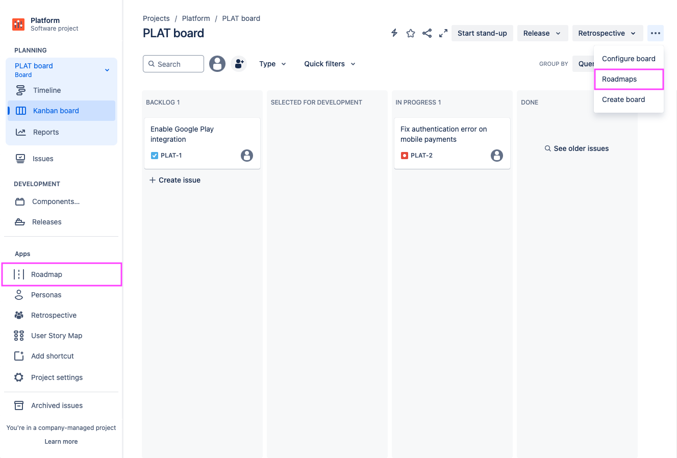 Jira Cloud site with a Kanban board page open, showing the Roadmap link in the left navigation panel and a dropdown in the top right corner