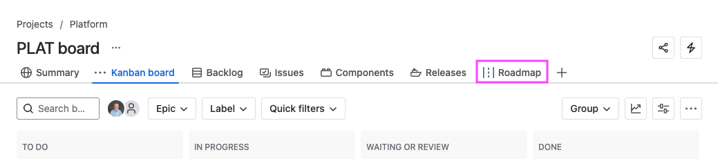 Jira's horizontal project tab bar with the Roadmaps option highlighted