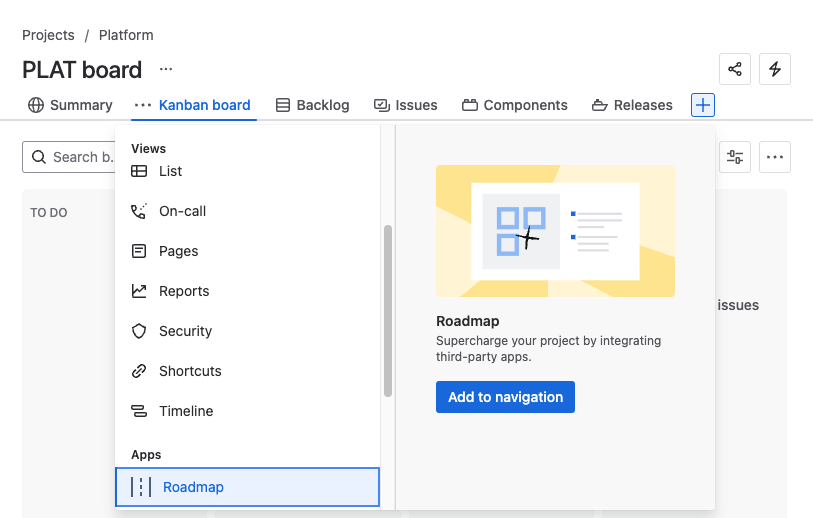 Jira project tab bar Roadmaps in Add.png