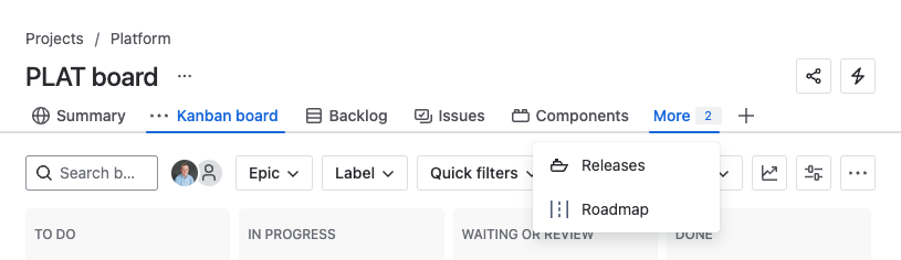 Jira project tab bar Roadmaps in dropdown.png