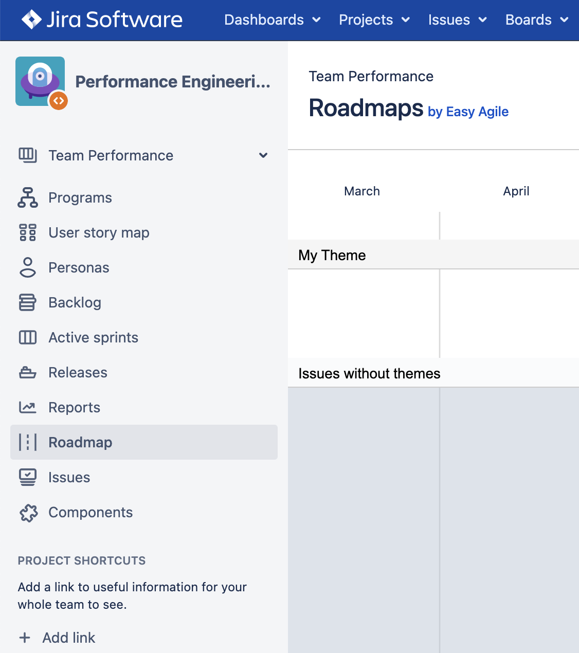 Jira Data Center site with Roadmap option in the left navigation panel