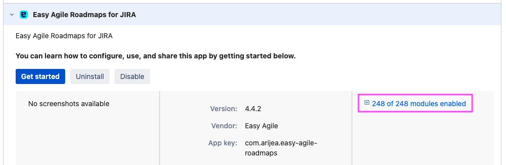 Manage apps displaying Easy Agile Roadmaps, with a box around button 248 of 248 modules enabled 