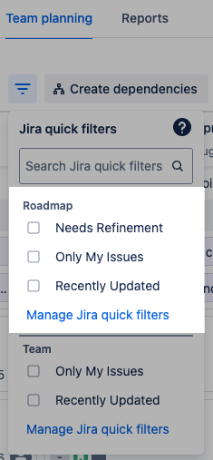Team planning Quick filters with Roadmap filters highlighted.png