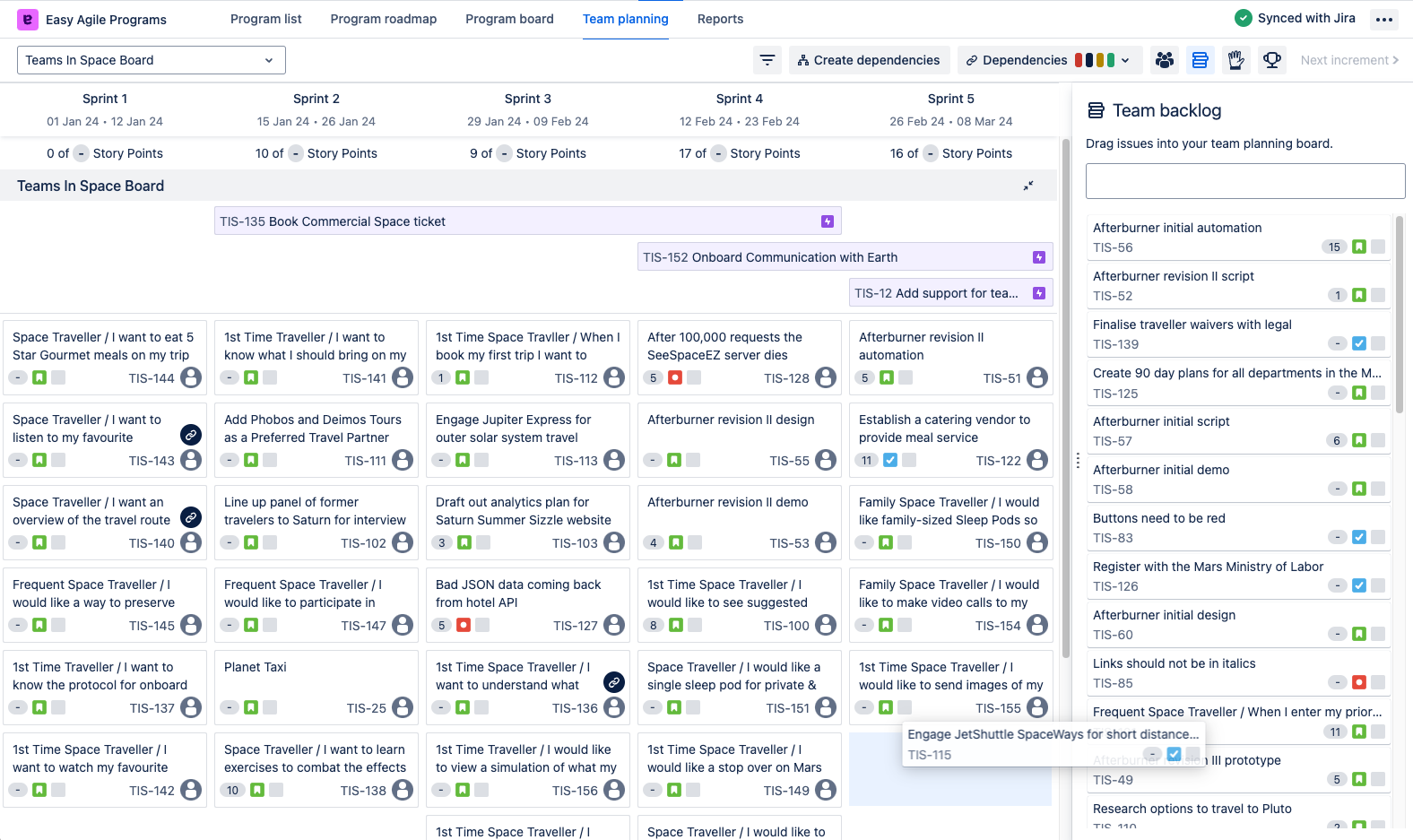 On the Team planning page, the Team backlog panel is open and one issue card is dragged halfway out of the panel and into a sprint column