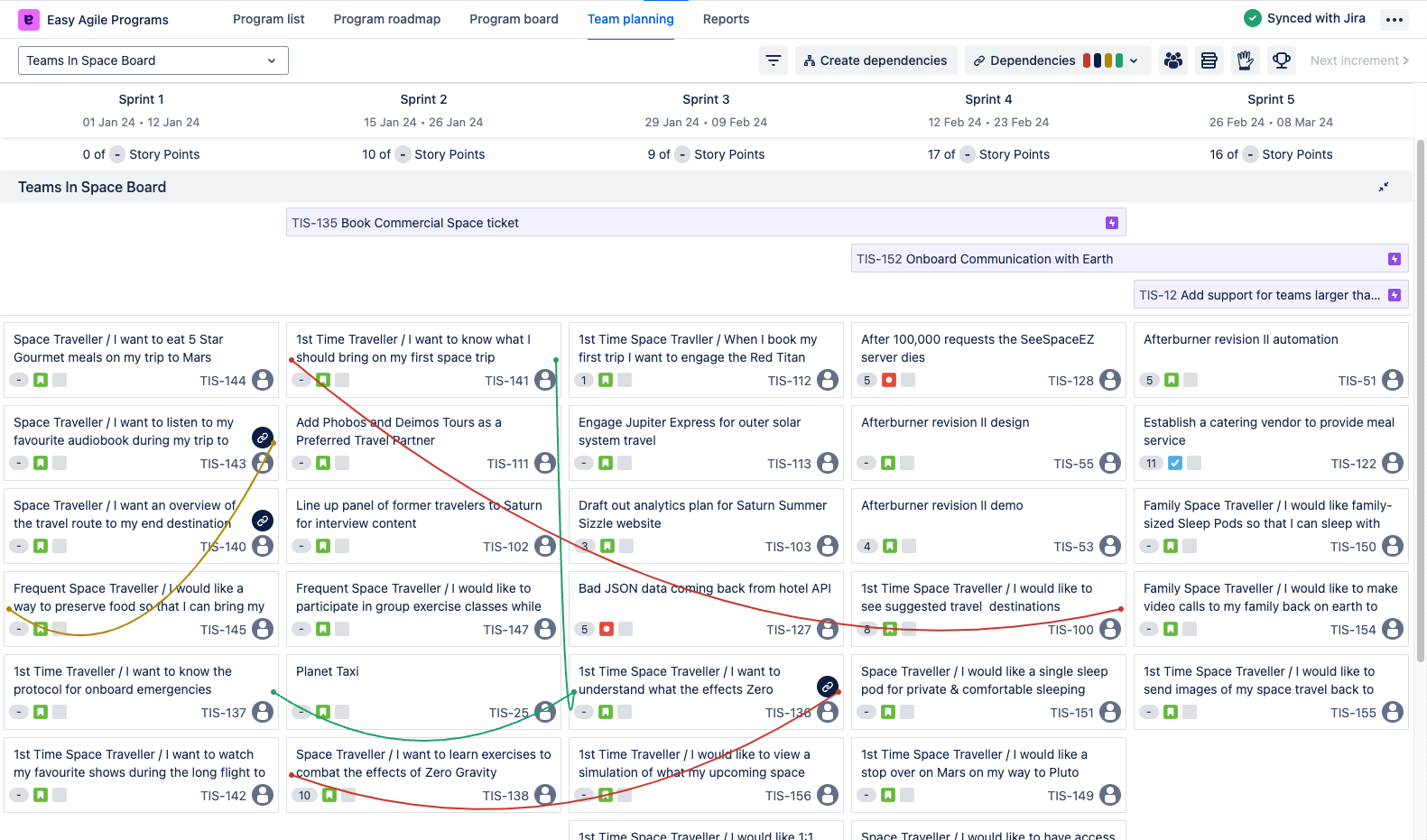 A screenshot of the Easy Agile Programs app open on the Team planning page. Epics and issues from Jira are shown, and coloured lines connect some cards.