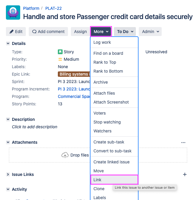 Jira DC issue view More dropdown Link highlighted.png