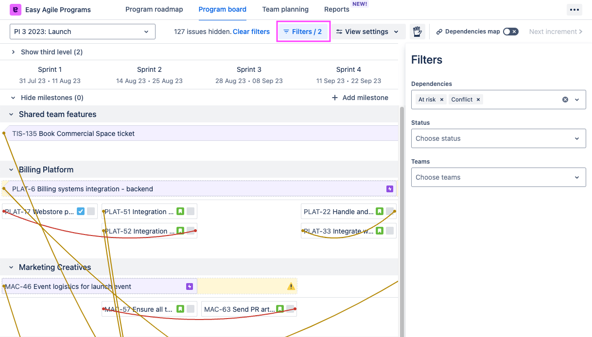 Program board filters at risk and conflict Filters button highlighted 710.png