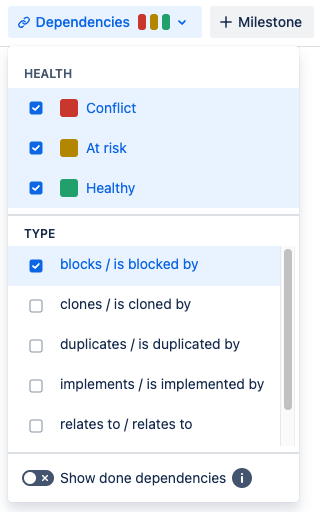 Dependency dropdown open, showing a section named type and one selected opens blocks slash is blocked by