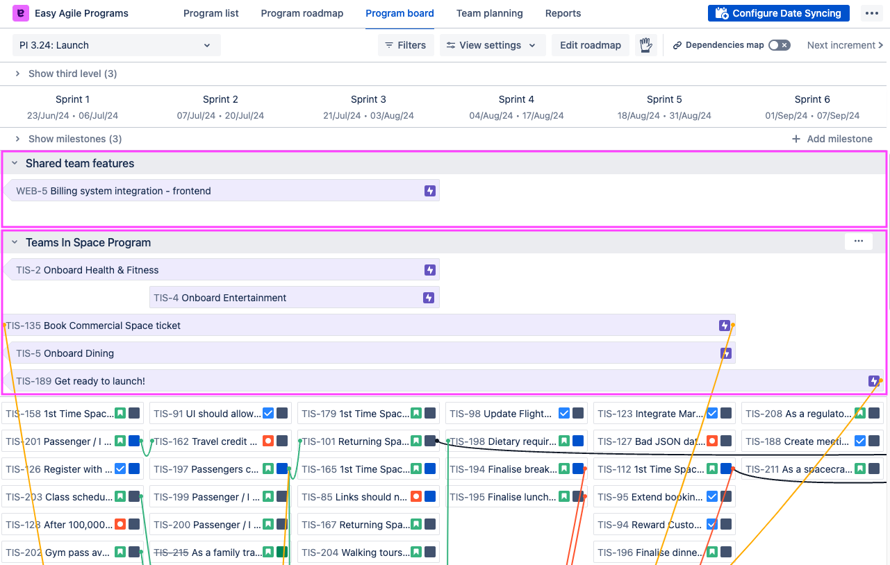 Program board with team issues roadmap issues highlighted.png