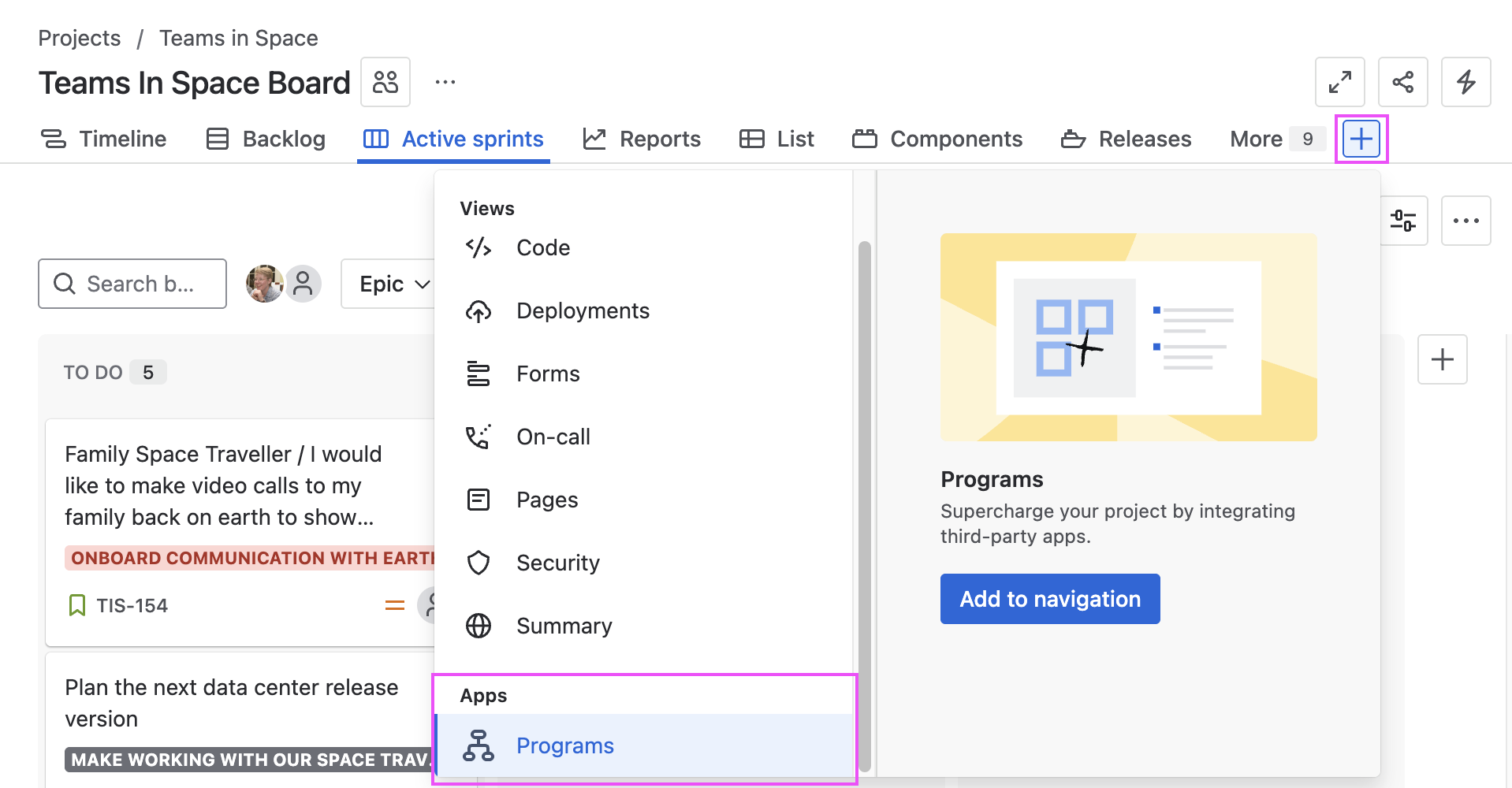 Jira Cloud Programs in Add dropdown highlighted.png