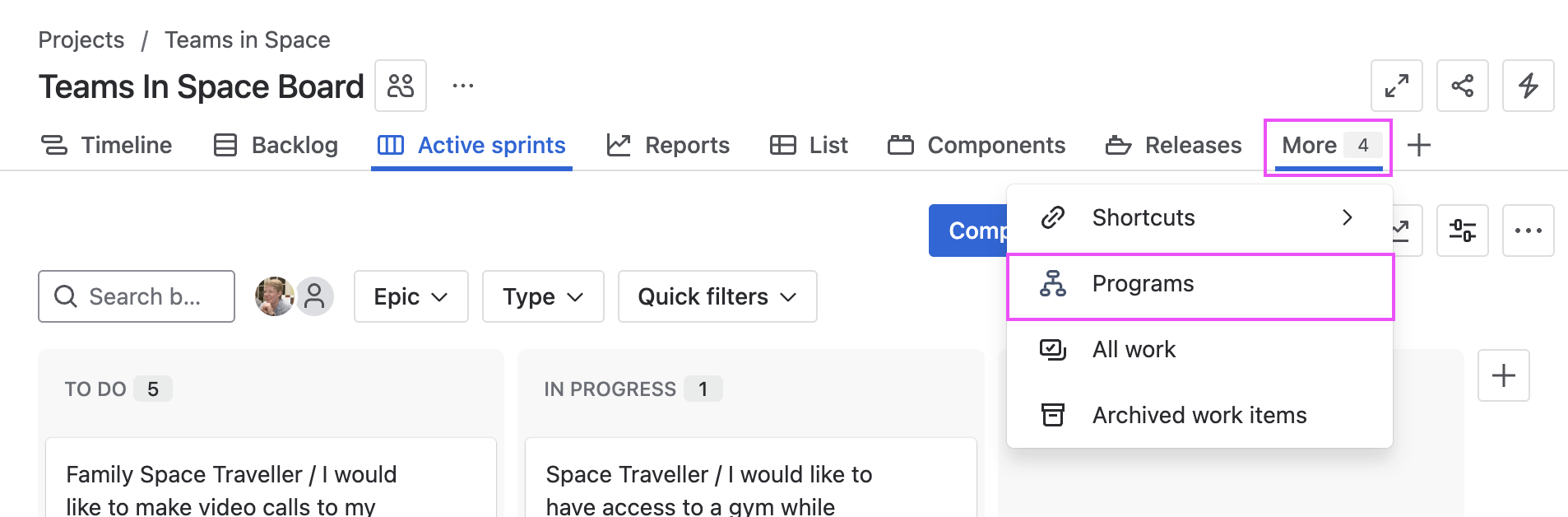Jira Cloud Programs in More dropdown highlighted.png
