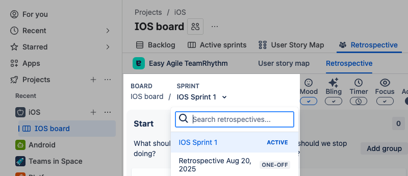 Retrospectives for IOS board in JIra Cloud board and retro highlighted.png