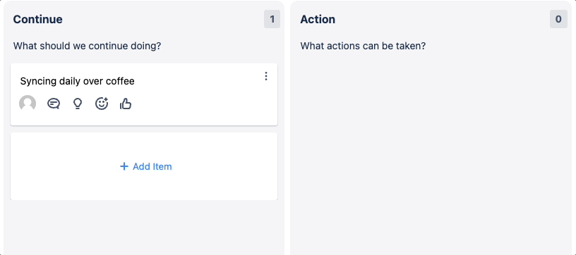GIF where user clicks Take an action on a retrospective feedback to continue syncing daily over coffee, and type out an action item that then appears in the Action column