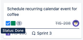 Screenshot of retrospective action item with status Done and crossed-out issue key