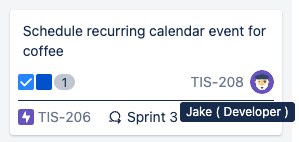 Screenshot of a retrospective acton item assigned to developer Jake with estimate of one story point