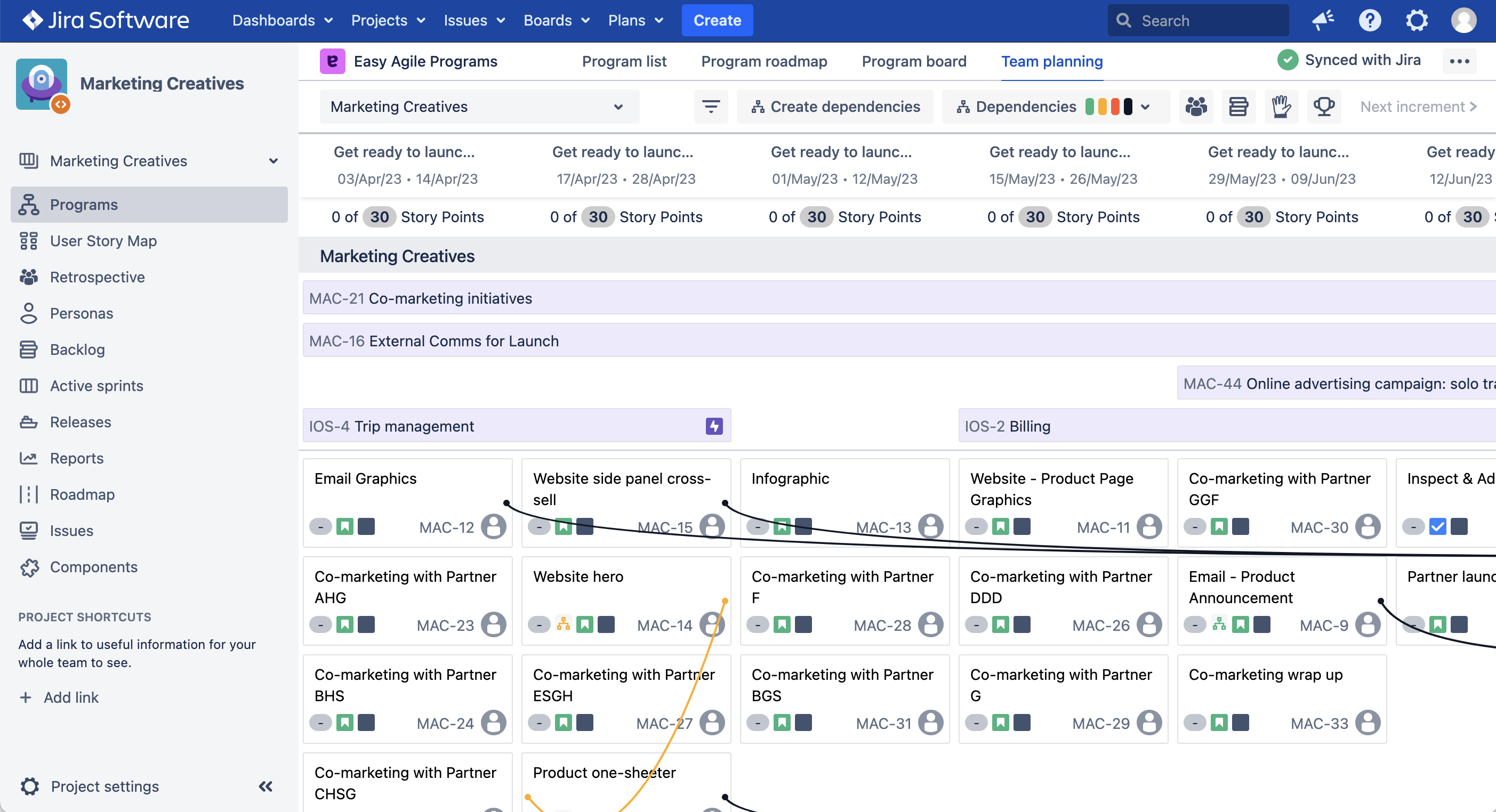 Jira Data Center with the project sidebar showing on the left and the Easy Agile Programs Team planning page open