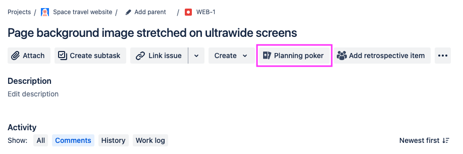 The Jira Cloud issue view showing a button named Planning poker just under the issue summary