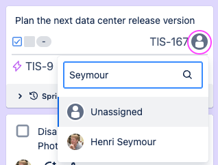 An action card with the assignee icon circled, and a dropdown open showing potential assignees including Unassigned and a user name