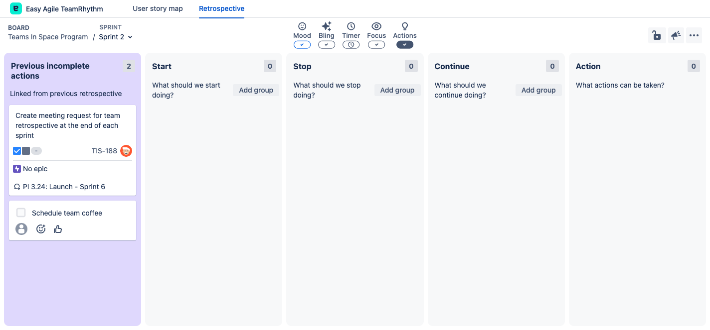 Previous incomplete actions column shows with a purple background on an otherwise empty Retrospective page for Sprint 2