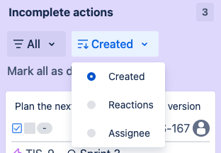 Purple incomplete actions column with the second dropdown open, showing radio buttons Created, Reactions, and Assignee