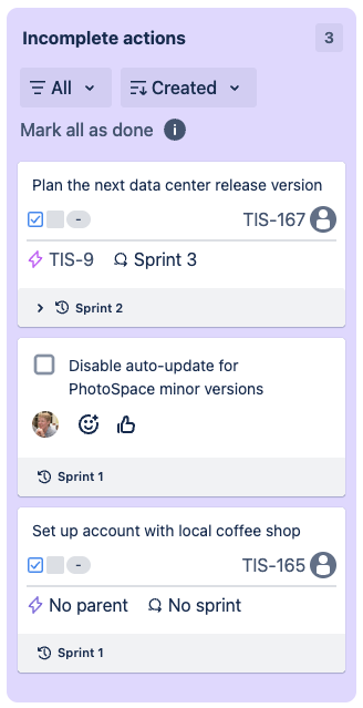 Purple incomplete actions column with the first dropdown set to All and three items