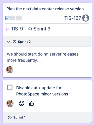 Two action cards. The first has an open section at the bottom labelled Sprint 2, with a comment from a user that explains what needed an action. The second only has the text Sprint 1 at the bottom, with no expansion.