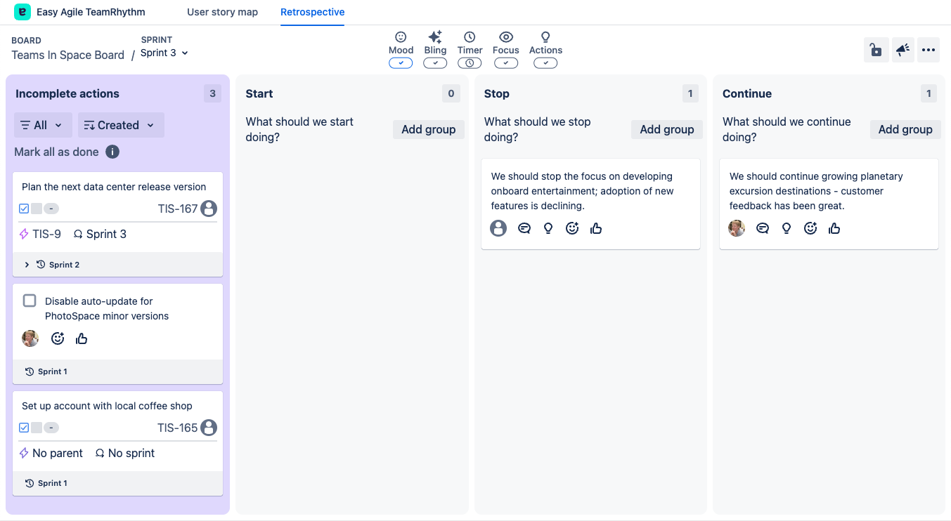 Retrospective page with purple column on the left named Incomplete actions containing three cards