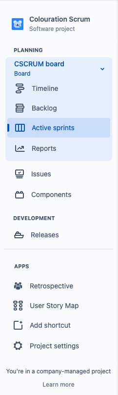 Screenshot of Jira Cloud project sidebar showing the Retrospective and User Story Map options visible