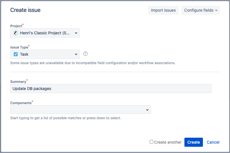 Screenshot of Jira Create issue form with the Summary filled in and the empty Components field marked as required with a red asterisk