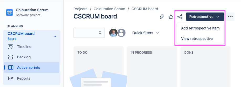 Screenshot of a Jira Cloud sprint board with the Retrospective option in the header highlighted