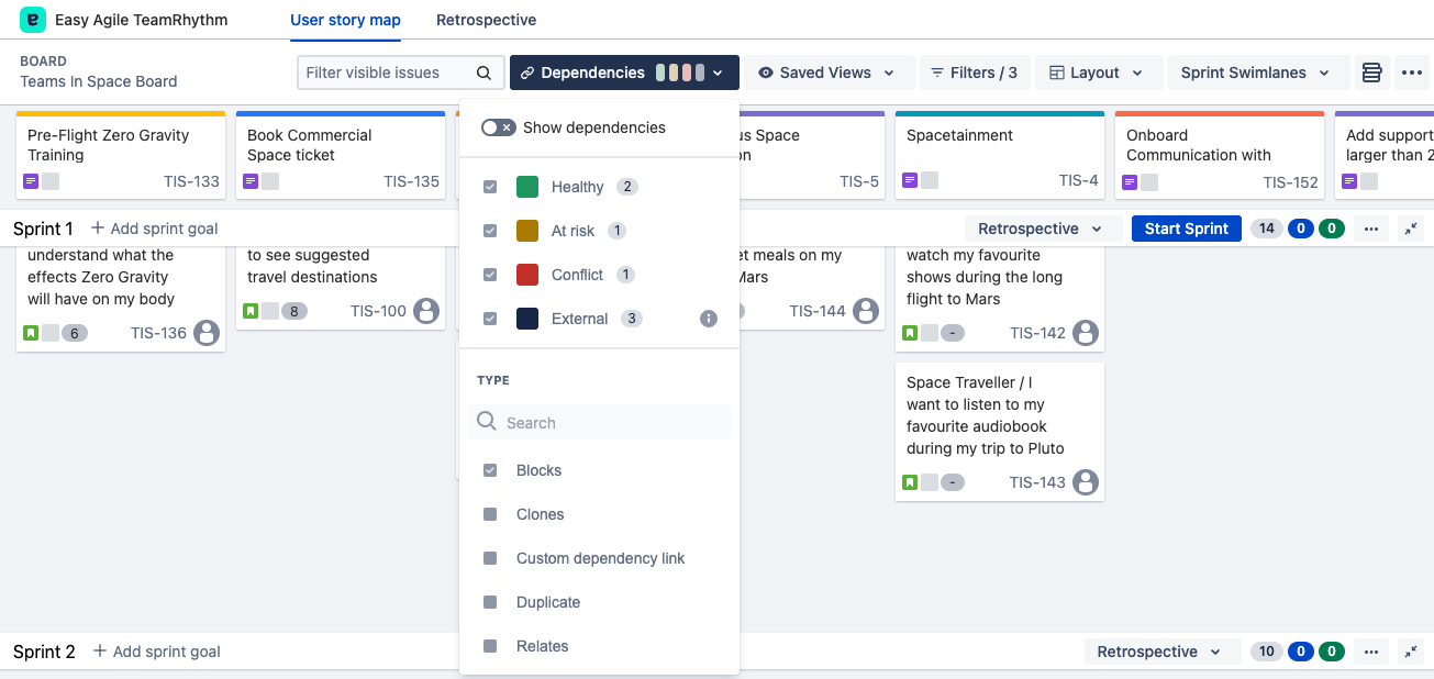 Dependencies dropdown in User Story Map header, with the Show dependencies option switched off