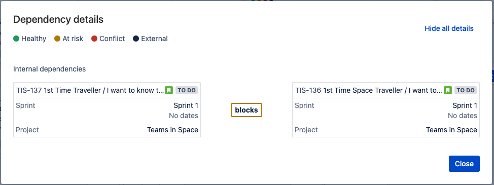 Dependency details popup showing the details of one issue that blocks another