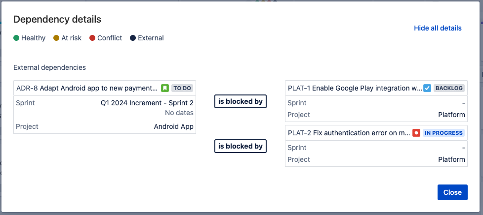 Dependency details dialog showing ADR issue is blocked by two PLAT issues