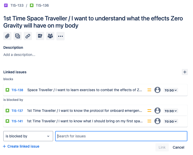 The Linked issues section in the Jira Cloud issue view