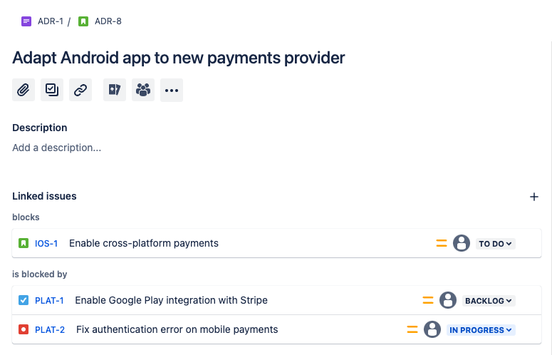 ADR Issue in Jira blocking by an IOS issue and blocked by two PLAT issues