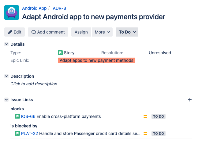 ADR Issue in Jira blocking by an IOS issue and blocked by one PLAT issue