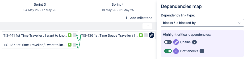 Dependences map panel showing Bottlenecks toggled on. On the left are 3 issue cards, where the first two are connected with a green line to the 3rd. 
