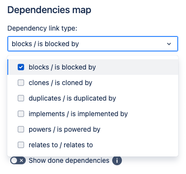 Dependency link type dropdown showing multiple options with checkboxes
