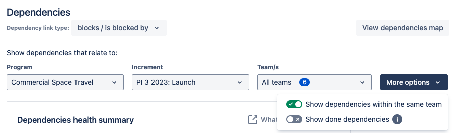 Six dropdowns just under the Dependencies header to configure the Increment, teams and more