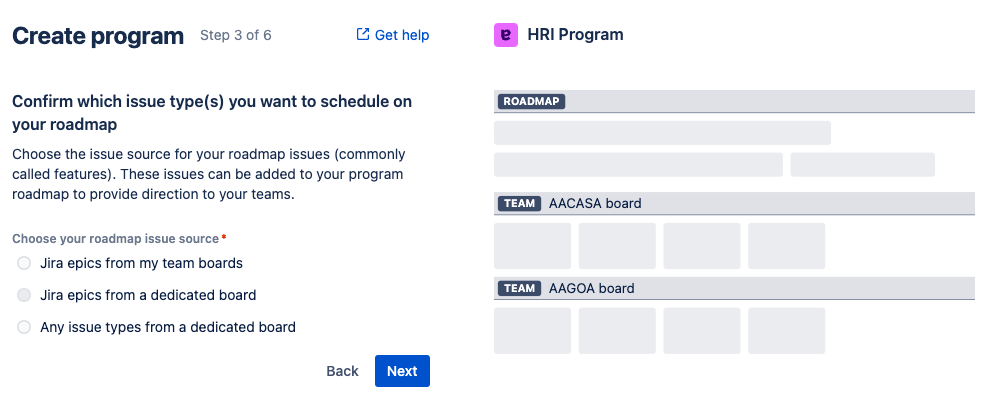 Create program step 3 shows radio buttons for the three roadmap issue source options