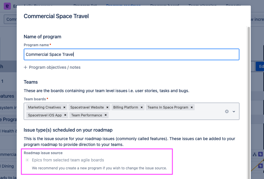 The Edit roadmap form with the Roadmap issue source section greyed-out and non-interactive. Only the one selected radio button is visible. A note says 'We recommend you create a new program if you wish to change the issue source'. 