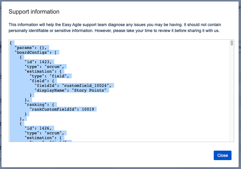 A dialog named Support information with a chunk of code-like text selected