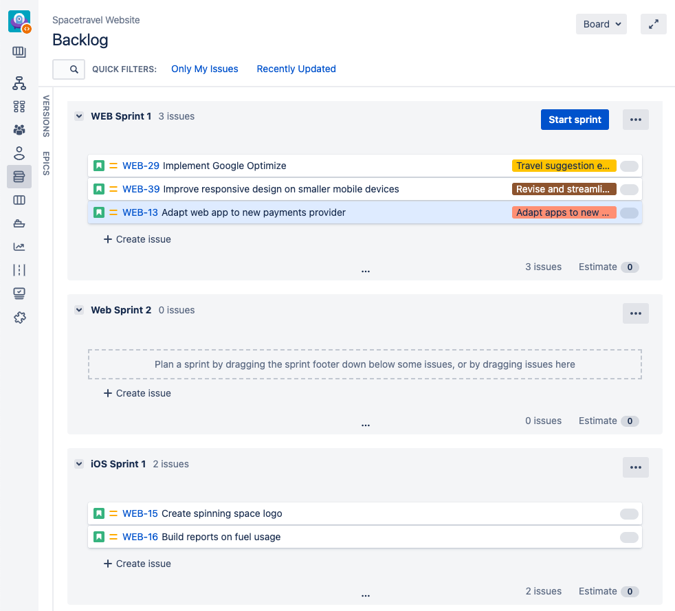 Jira DC Backlog page showing Web Sprint 1, an empty Web Sprint 2, and another sprint named iOS Sprint 1