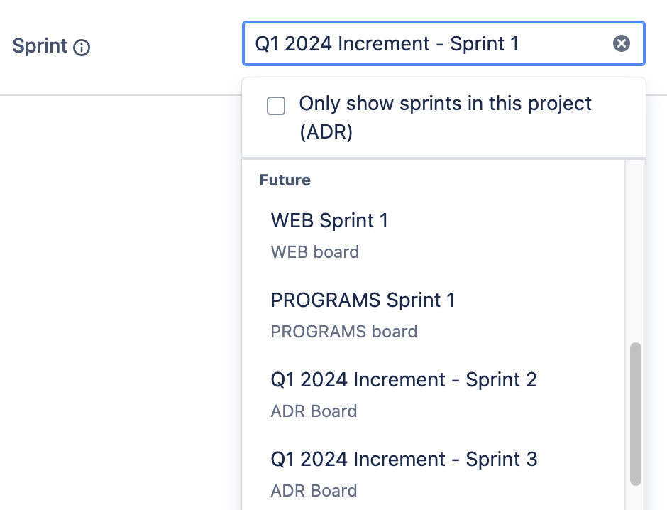 Jira Cloud sprint dropdown showing origin board