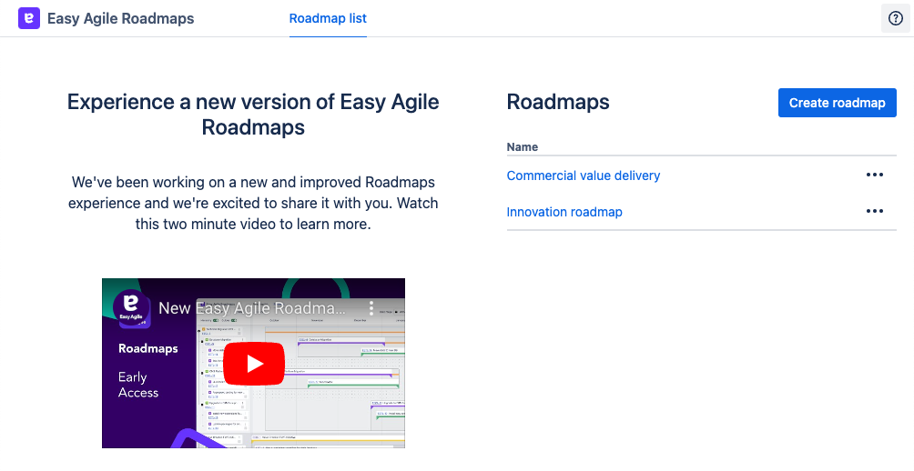 Roadmap list page showing two roadmap names and a YouTube video demo