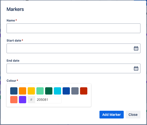 Dialog menu named Markers, with empty fields Name, Start date, End date, and Colour, and buttons Add Marker and Close at the bottom