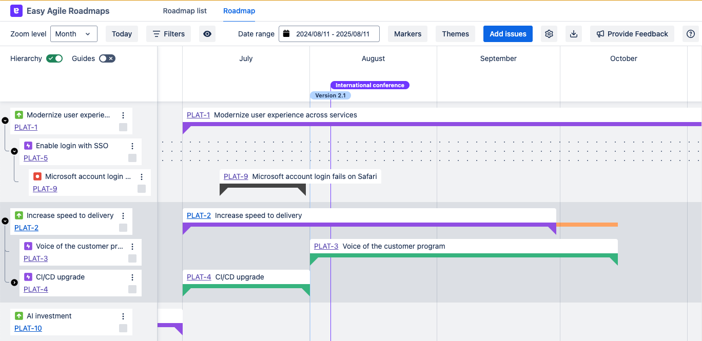 Early access full roadmap.pngFull-page view of Roadmaps, with a purple date marker in early August labeled International conference and a blue marker just before it labeled Version 2.1